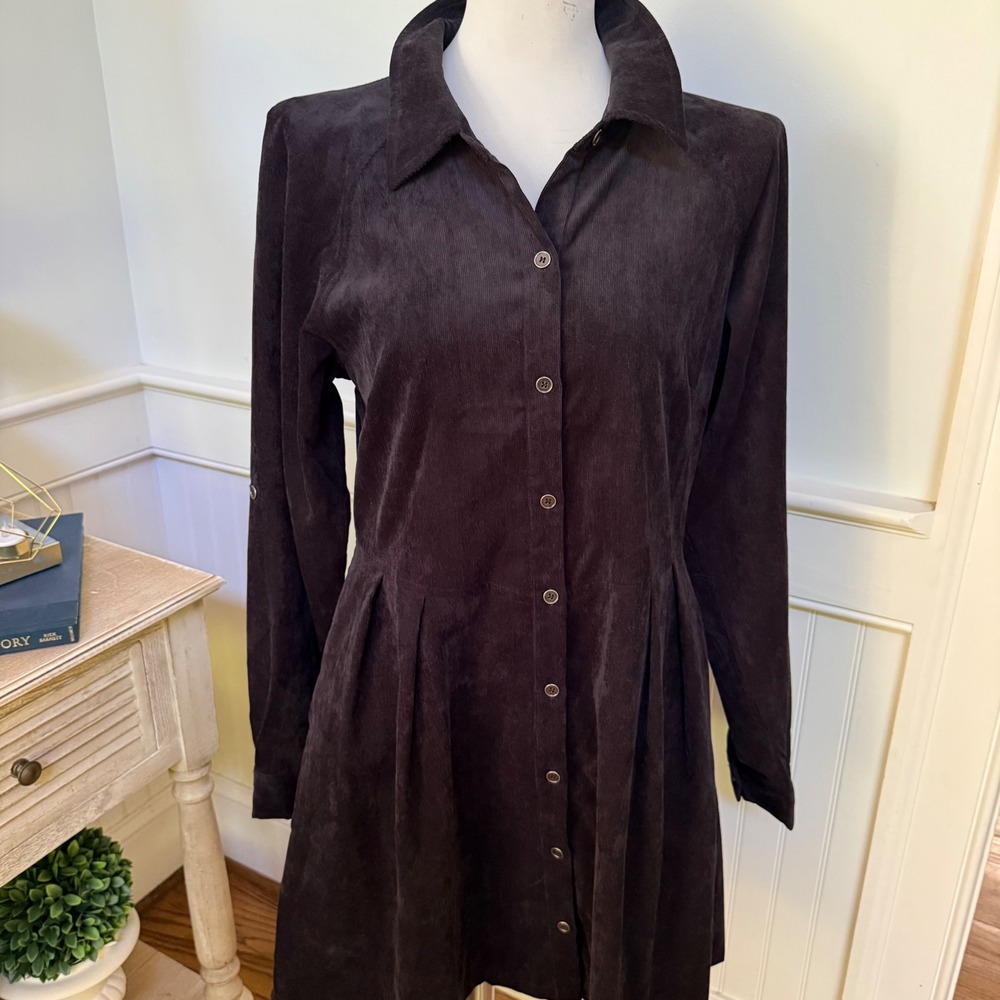 Mittoshop Womens Brown Corduroy Button Front Roll Tab Sleeve Shirt‎ Dress Medium